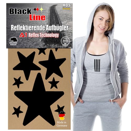 MDS Brand Reflektierende Aufbügler Set | Sterne | Reflektoren für Kleidung - Hohe Sichtbarkeit - Optimierte Haftung für Kleidung oder Schulranzen (2x-Schwarz) von MDS Brand