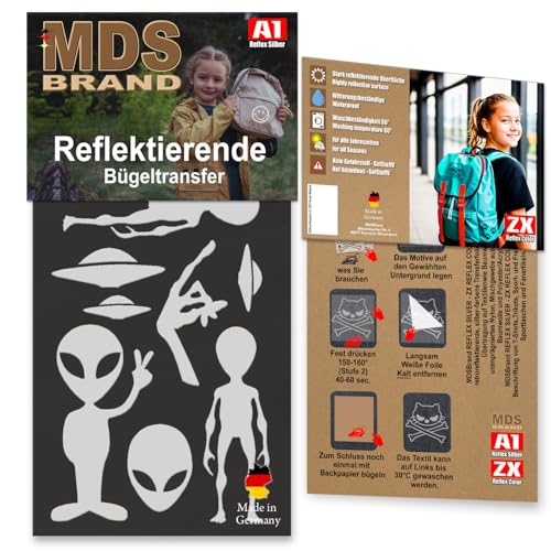 MDS Brand Reflektierende Aufbügler Set | UFO Alien | Reflektoren für Kleidung - Hohe Sichtbarkeit - Optimierte Haftung für Kleidung oder Schulranzen (2x-Silber) von MDS Brand