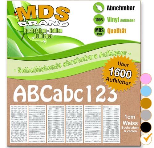 MDS Brand über 1600/st 1cm Buchstaben Aufkleber & Zahlen 6-Farben | Selbstklebende & Matt – neu positionierbar, einfach zum basteln & gestalten, Ideal für Scrapbook & DIY-Projekte 2x 51 (Weiss) von MDS Brand