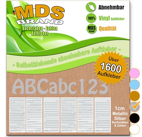 MDS Brand über 1600/st 1cm Buchstaben Aufkleber & Zahlen | Selbstklebende & Matt – neu positionierbar, einfach zum basteln & gestalten, Ideal für Scrapbook & DIY-Projekte 2x-64 (Metallic Silber) von MDS Brand