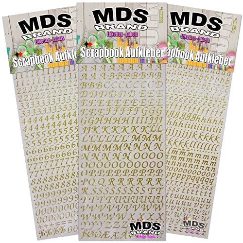 MDSBrand 1cm Schreibschrift Buchstaben Aufkleber & Zahlen Aufkleber 3er/pk ideal für Hochzeit, Weihnachten und Geburtstagen, einfach zum basteln und gestalten von Karten & Fotoalbum 20 (Gold) von MDS Brand