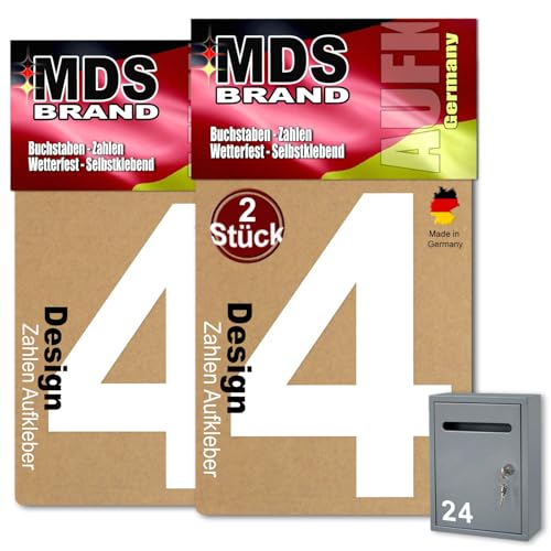 Prime Design 10cm Zahlen Aufkleber | Selbstklebende hausnummern zum aufkleben | Klebezahlen für Mülltonne, Briefkasten & Hausnummer | Optimal für Außen & Innen, klebeziffer sind Weiss (4, 10cm) von MDS Brand