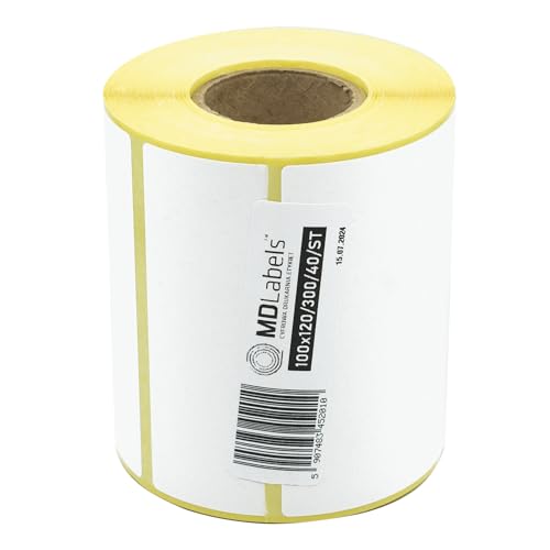 MDlabels Weiße Thermo etiketten auf Rolle 100x120mm 300 Stück permanent haftend, für Barcode, Thermische etiketten von MDlabels