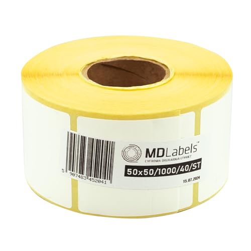 MDlabels Weiße Thermo etiketten auf Rolle 50x50mm 1000 Stück - permanent haftend, für Barcode, weiße Klebeetiketten zur Beschriftung von MDlabels