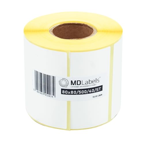 MDlabels Weiße Thermo etiketten auf Rolle 80x80mm 500 Stück permanent haftend, für Barcode, weiße Klebeetiketten zur Beschriftung von MDlabels