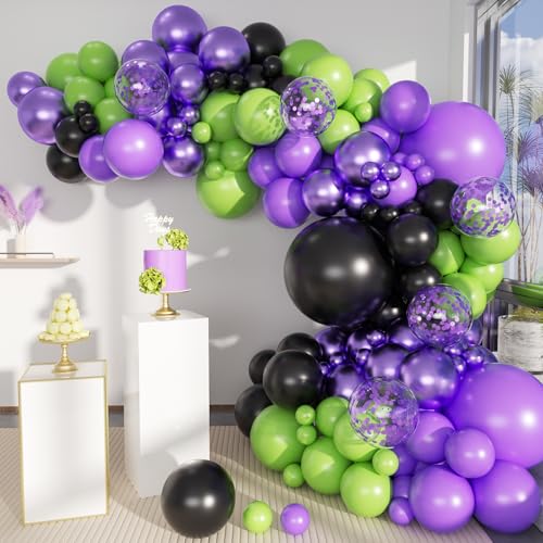 MEBAY Lila Grün Schwarz Ballon Girlande Bogen Kit, 156 Matt Schwarz Metallic Lila Limettengrün Luftballons für Hochzeitstag Held Geburtstag Videospiel Abschluss Rennwagen Party Dekoration von MEBAY