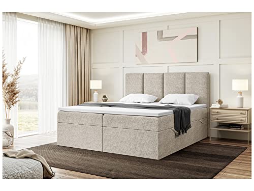 MEBLINI Boxspringbett mit Bettkasten - Gepolstert Doppelbett mit Matratze und Topper - Polsterbett mit Stauraum - Bett mit Kopfteil - Stauraumbett - Cristiano - 160x200 - H4/Beige Webstoff von MEBLINI