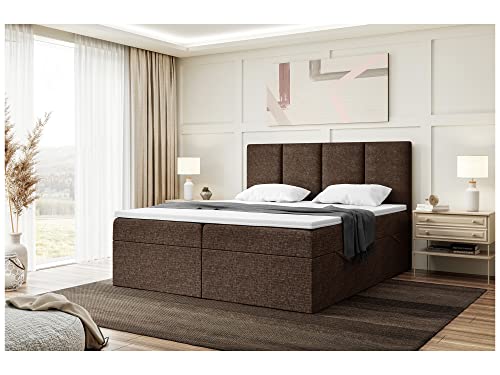 MEBLINI Boxspringbett mit Bettkasten - Gepolstert Doppelbett mit Matratze und Topper - Polsterbett mit Stauraum - Bett mit Kopfteil - Stauraumbett - Cristiano - 180x200 - H4/Braun Webstoff von MEBLINI