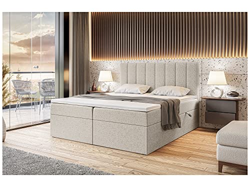 MEBLINI Boxspringbett mit Bettkasten - Gepolstert Doppelbett mit Matratze und Topper - Polsterbett mit Stauraum - Bett mit Kopfteil - Stauraumbett - Erling - 140x200 - H3/Beige Webstoff von MEBLINI