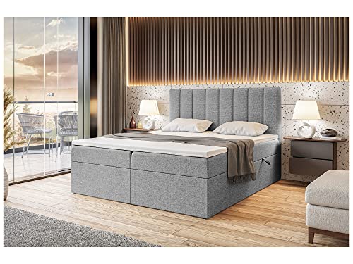 MEBLINI Boxspringbett mit Bettkasten - Gepolstert Doppelbett mit Matratze und Topper - Polsterbett mit Stauraum - Bett mit Kopfteil - Stauraumbett - Erling - 140x200 - H3/Grau Webstoff von MEBLINI