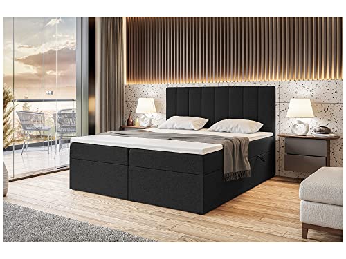 MEBLINI Boxspringbett mit Bettkasten - Gepolstert Doppelbett mit Matratze und Topper - Polsterbett mit Stauraum - Bett mit Kopfteil - Stauraumbett - Erling - 140x200 - H3/Schwarz Webstoff von MEBLINI