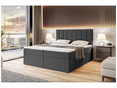 MEBLINI Boxspringbett mit Bettkasten - Gepolstert Doppelbett mit Matratze und Topper - Polsterbett mit Stauraum - Bett mit Kopfteil - Stauraumbett - Erling - 160x200 - H3/Dunkelgrau Webstoff von MEBLINI