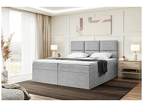 MEBLINI Boxspringbett mit Bettkasten - Gepolstert Doppelbett mit Matratze und Topper - Polsterbett mit Stauraum - Bett mit Kopfteil - Stauraumbett - KYLIAN - 140x200 - H4/Grau Webstoff von MEBLINI