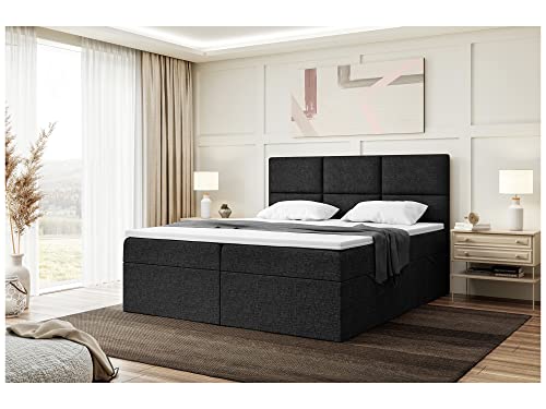 MEBLINI Boxspringbett mit Bettkasten - Gepolstert Doppelbett mit Matratze und Topper - Polsterbett mit Stauraum - Bett mit Kopfteil - Stauraumbett - KYLIAN - 140x200 - H4/Schwarz Webstoff von MEBLINI