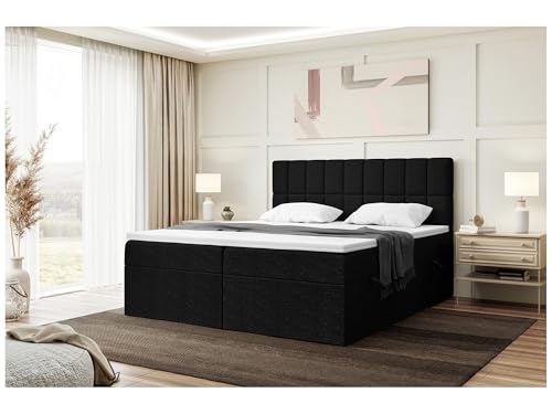 MEBLINI Boxspringbett mit Bettkasten - Gepolstert Doppelbett mit Matratze und Topper - Polsterbett mit Stauraum - Bett mit Kopfteil - Stauraumbett - Lukas - 180x200 - H3/Schwarz Webstoff von MEBLINI