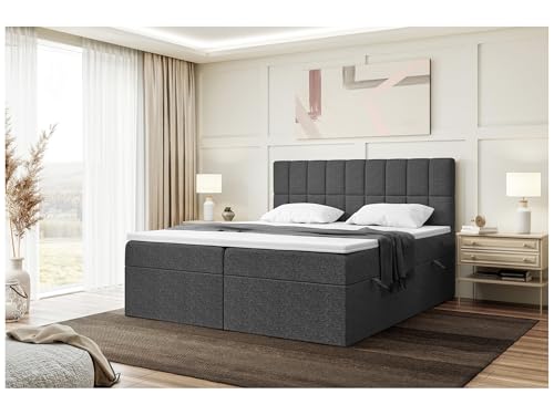 MEBLINI Boxspringbett mit Bettkasten - Gepolstert Doppelbett mit Matratze und Topper - Polsterbett mit Stauraum - Bett mit Kopfteil - Stauraumbett - Lukas - 200x200 - H3/Dunkelgrau Webstoff von MEBLINI