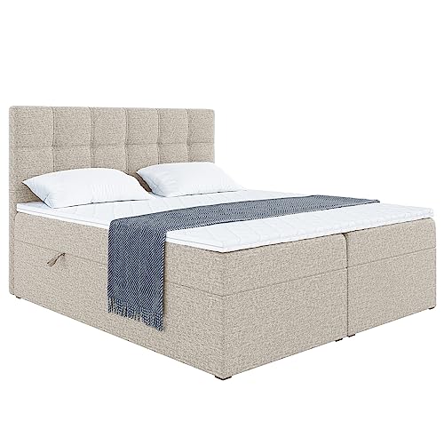 MEBLINI Boxspringbett mit Bettkasten - Gepolstert Doppelbett mit Matratze und Topper - Polsterbett mit Stauraum - Bett mit Kopfteil - Stauraumbett - NILS - 140x200 - H3/Beige Webstoff von MEBLINI