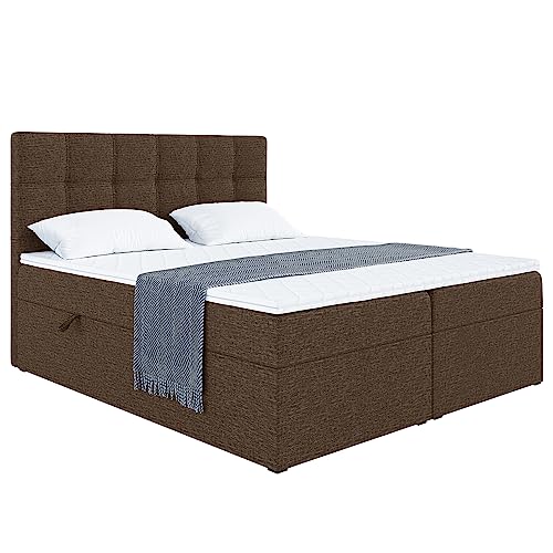 MEBLINI Boxspringbett mit Bettkasten - Gepolstert Doppelbett mit Matratze und Topper - Polsterbett mit Stauraum - Bett mit Kopfteil - Stauraumbett - NILS - 140x200 - H3/Braun Webstoff von MEBLINI