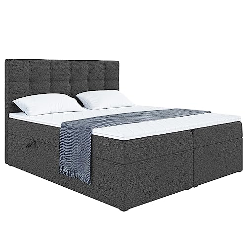 MEBLINI Boxspringbett mit Bettkasten - Gepolstert Doppelbett mit Matratze und Topper - Polsterbett mit Stauraum - Bett mit Kopfteil - Stauraumbett - NILS - 140x200 - H3/Dunkelgrau Webstoff von MEBLINI