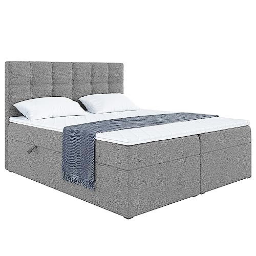 MEBLINI Boxspringbett mit Bettkasten - Gepolstert Doppelbett mit Matratze und Topper - Polsterbett mit Stauraum - Bett mit Kopfteil - Stauraumbett - NILS - 140x200 - H3/Grau Webstoff von MEBLINI