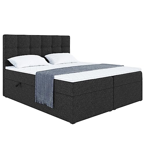 MEBLINI Boxspringbett mit Bettkasten - Gepolstert Doppelbett mit Matratze und Topper - Polsterbett mit Stauraum - Bett mit Kopfteil - Stauraumbett - NILS - 140x200 - H3/Schwarz Webstoff von MEBLINI