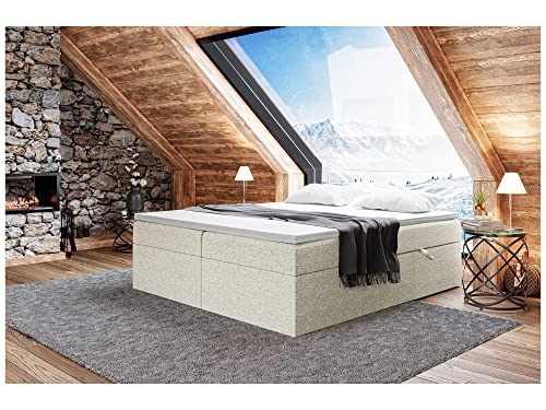 MEBLINI Boxspringbett mit Bettkasten - Gepolstert Doppelbett mit Matratze und Topper - Polsterbett mit Stauraum - Bett ohne Kopfteil - Stauraumbett - Lionel - 140x200 - H3/Beige Webstoff von MEBLINI