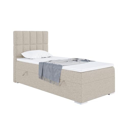 MEBLINI Boxspringbett mit Bettkasten - Gepolstert Einzelbett mit Matratze und Topper - Polsterbett mit Stauraum - Bett mit Kopfteil - Stauraumbett - Lukas - 100x200 Links - H3/Beige Webstoff von MEBLINI