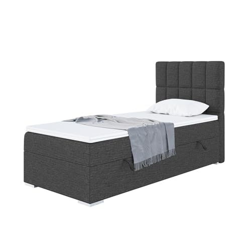 MEBLINI Boxspringbett mit Bettkasten - Gepolstert Einzelbett mit Matratze und Topper - Polsterbett mit Stauraum - Bett mit Kopfteil - Stauraumbett - Lukas - 100x200 Rechts - H3/Dunkelgrau Webstoff von MEBLINI