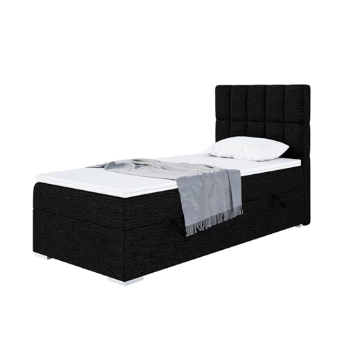 MEBLINI Boxspringbett mit Bettkasten - Gepolstert Einzelbett mit Matratze und Topper - Polsterbett mit Stauraum - Bett mit Kopfteil - Stauraumbett - Lukas - 100x200 Rechts - H3/Schwarz Webstoff von MEBLINI