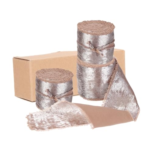 MECCANIXITY Chiffonband, 3 Stück, 2,5 x 4,5 m, hellbraunes Glitzerstoffband, handgefertigtes Fransenband für Blumenstrauß, Geschenkverpackung, Basteln, Hochzeit von MECCANIXITY