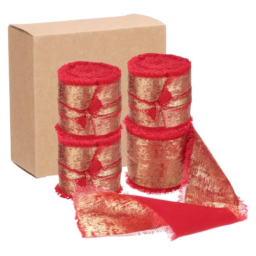 MECCANIXITY Chiffonband, 4 Stück, 2,5 x 4,5 m, rotes Glitzerstoffband, handgefertigtes Fransenband für Blumenstrauß, Geschenkverpackung, Basteln, Hochzeit von MECCANIXITY