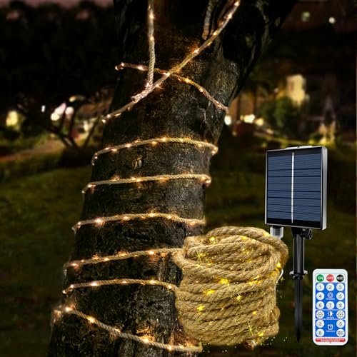 MEDOYOH 10M Solarseil Lichterkette mit 200 LEDs, Solar Hanfseil Lichterkette mit 8 Beleuchtungsmodi, Diming Adjust Timer Wasserdicht für Gartenterrasse Balkon Schaukel Stamm Dekor von MEDOYOH