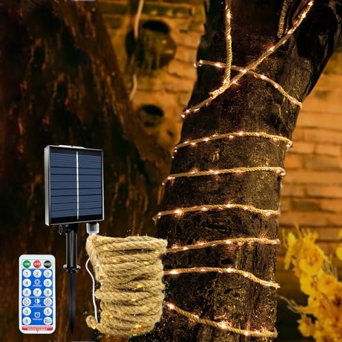 MEDOYOH 5M Solarseil Lichterkette mit 100 LEDs, Solar Hanfseil Lichterkette mit 8 Beleuchtungsmodi, Diming Adjust Timer Wasserdicht für Gartenterrasse Balkon Schaukel Stamm Dekor von MEDOYOH