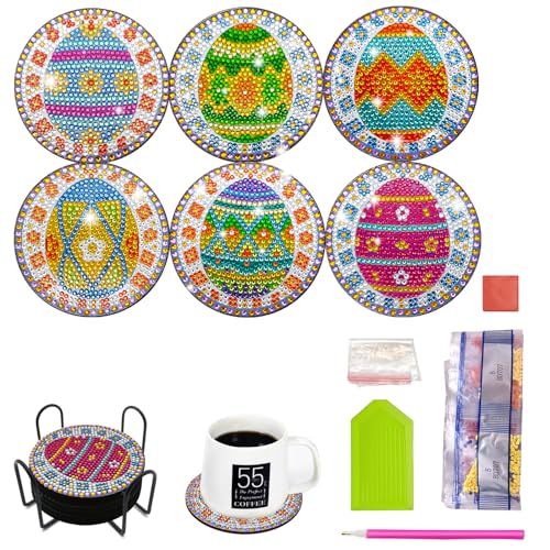 MEDOYOH 6 Stück Diamond Painting Untersetzer mit Halter, Diamant Kunst Untersetzer DIY Diamond Painting Rund Tasse Matte für Erwachsene Kinder Basteln Liebhaber, Osterei Untersetzer 606 von MEDOYOH