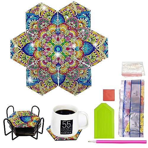 MEDOYOH 7 Stück Diamond Painting Untersetzer mit Halter, Diamant Kunst Untersetzer DIY Diamond Painting Sechseckige Tasse Matte für Erwachsene Kinder Basteln Liebhaber, Mandala Untersetzer 702 von MEDOYOH