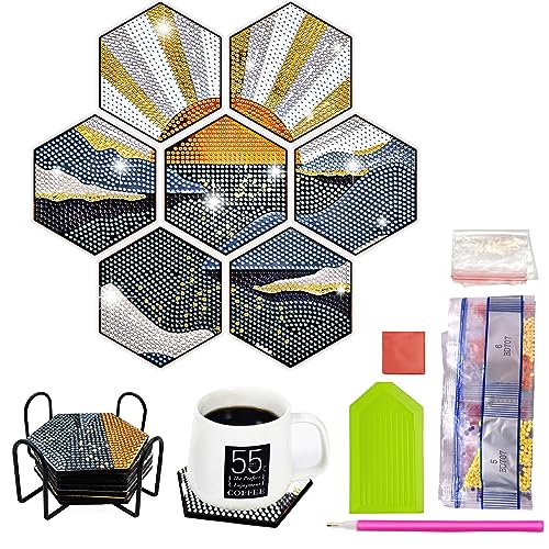 MEDOYOH 7 Stück Diamond Painting Untersetzer mit Halter, Diamant Kunst Untersetzer DIY Diamond Painting Sechseckige Tasse Matte für Erwachsene Kinder Basteln Liebhaber, Sunrise Untersetzer von MEDOYOH