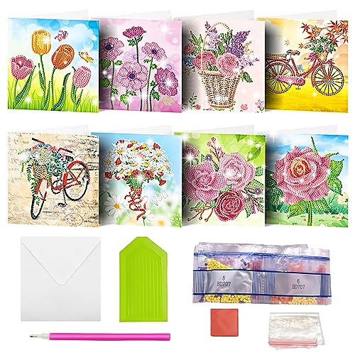 MEDOYOH 8er-Set DIY Diamond Painting Grußkarten mit Umschlag, Diamantmalerei Blanko Kunstkarten für Geburtstag Muttertag Weihnachten Jubiläum Erntedankfest, Fahrrad und Blumen (10) von MEDOYOH