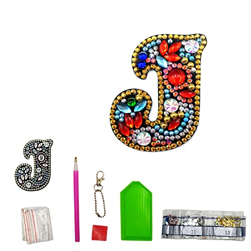 MEDOYOH Buchstaben J DIY Diamant Malerei Schlüsselanhänger, Retro Diamond Painting Schlüsselanhänger Beidseitig Aus Acryl, DIY Kunst Strass Diamant Malerei Kits für Anhänger Tasche Dekor Brosche von MEDOYOH