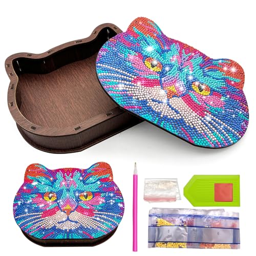 MEDOYOH DIY Diamant Kunst Schmuck Aufbewahrungsbox, Diamond Painting Handwerk Aufbewahrungsbehälter Ornamente für Erwachsene und Kinder, Katze von MEDOYOH