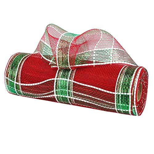 MEEDEE Rot Grün Weiß Plaid Deco Mesh Ribbon 10 Inch Metallic Christmas Mesh Ribbon for Tree Dekorative Mesh Wreath Supplies for Christmas Front Door Mesh Wreath Garland Staircase Mailbox (90 Fuß) von MEEDEE