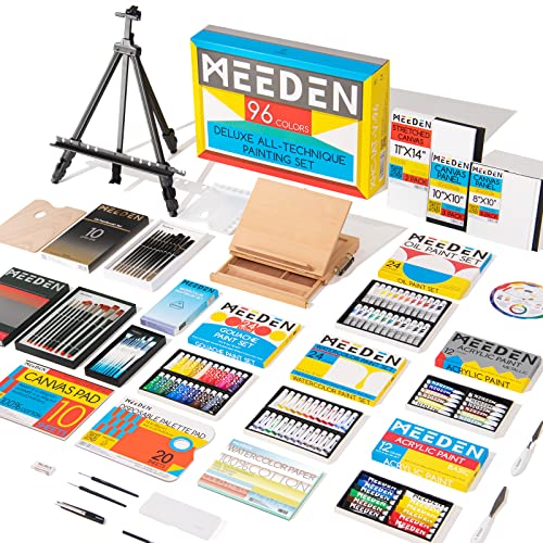 MEEDEN All-in-One Malset, 151Pcs | Aluminium & Holz staffelei set mit 96 Acryl Gouache Öl Aquarellfarben-Set, Mal-, Zeichen- & Kunstbedarfssets für Kinder und Erwachsene von MEEDEN