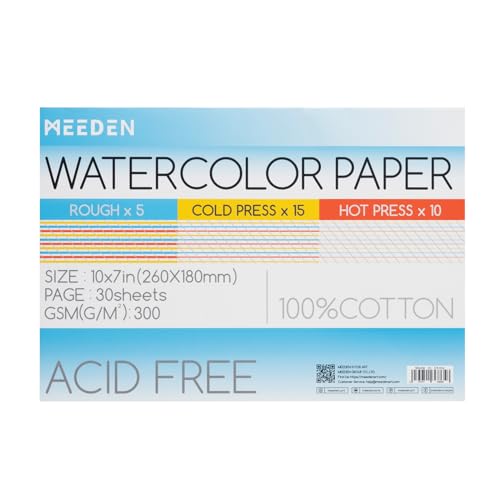 MEEDEN Aquarellpapier Block - 100% Baumwolle Aquarellpapier 30 Blatt, 140lb/300gsm, 3 Texturen Säurefreies Kunstdruckpapier für Aquarell, Gouache, Tinte und mehr, 26 x 18cm von MEEDEN