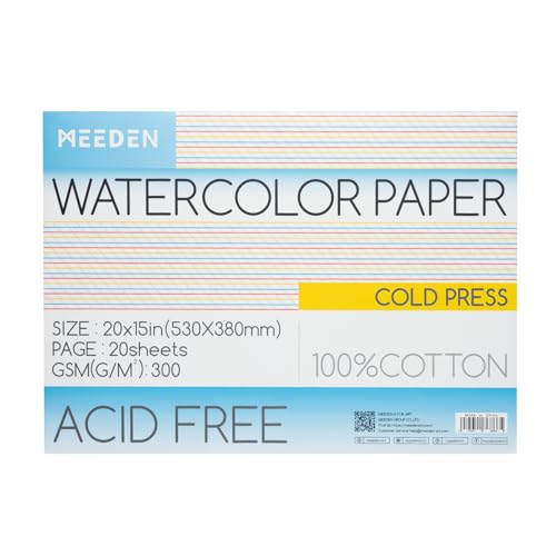 MEEDEN Aquarellpapier Block - 100% Baumwolle Aquarellpapier Block mit 20 Blättern, 140lb/300gsm, säurefreies Kunstpapier für Aquarell, Gouache, Tinte und mehr, 53 x 38cm Cold Press von MEEDEN