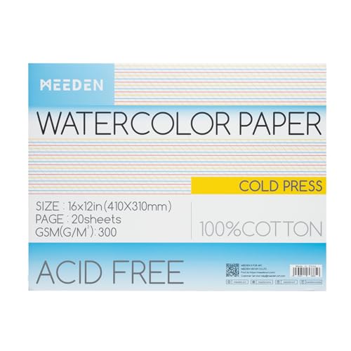 MEEDEN Aquarellpapier Block - 100% Baumwolle Aquarellpapier Block mit 20 Blatt, 140lb/300gsm, säurefreies Kunstdruckpapier für Aquarell, Gouache, Tinte und mehr, 41 x 31cm Cold Press von MEEDEN