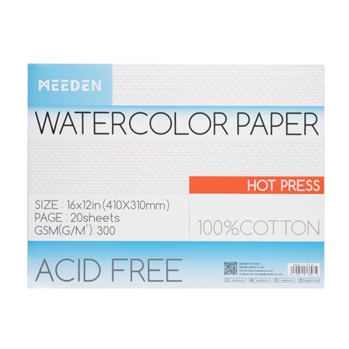 MEEDEN Aquarellpapier Block - 100% Baumwolle Aquarellpapier Block mit 20 Blatt, 140lb/300gsm, säurefreies Kunstdruckpapier für Aquarell, Gouache, Tinte und mehr, 41 x 31cm Hot Press von MEEDEN