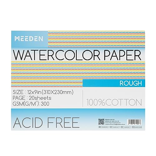 MEEDEN Aquarellpapierblock, 100% Baumwoll-Aquarellpapier-Block mit 20 Blatt, 140 lb/300 g/m², säurefreies Kunstdruckpapier für Aquarelle, Gouache, Tinte und mehr, 22,9 x 30,5 cm raue Körnung. von MEEDEN