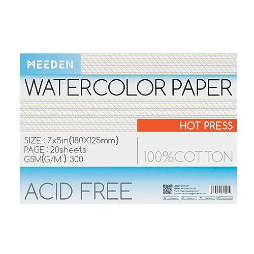 MEEDEN Aquarellpapierblock, 100% Baumwoll-Aquarellpapierblock mit 20 Blättern, 140lb/300gsm, säurefreies Kunstpapier für Aquarell, Gouache, Tinte und mehr, 12,7 x 17,8 cm, Heißpresse von MEEDEN