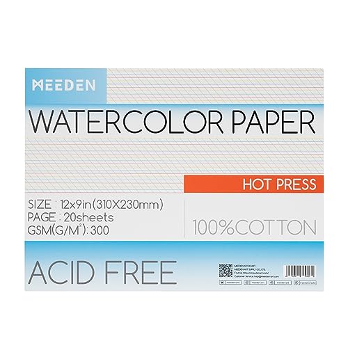 MEEDEN Aquarellpapierblock, 100% Baumwoll-Aquarellpapierblock mit 20 Blättern, 140lb/300gsm, säurefreies Kunstpapier für Aquarell, Gouache, Tinte und mehr, 22,9 x 30,5 cm Heißpresse von MEEDEN