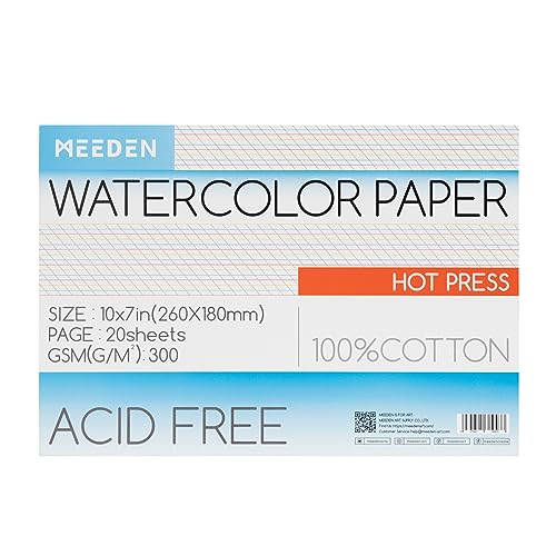 MEEDEN Aquarellpapierblock, 100% Baumwoll-Aquarellpapierblock mit 20 Blättern, 140lb/300gsm, säurefreies Kunstpapier für Aquarell, Gouache, Tinte und mehr, 25,4 x 17,8 cm, Heißpresse von MEEDEN