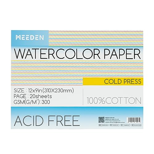 MEEDEN Aquarellpapierblock, 100% Baumwolle, Aquarellpapierblock mit 20 Blatt, 300gsm, säurefreies Kunstpapier für Aquarell, Gouache, Tinte und mehr, 22,9 x 30,5 cm, Kaltpresse von MEEDEN